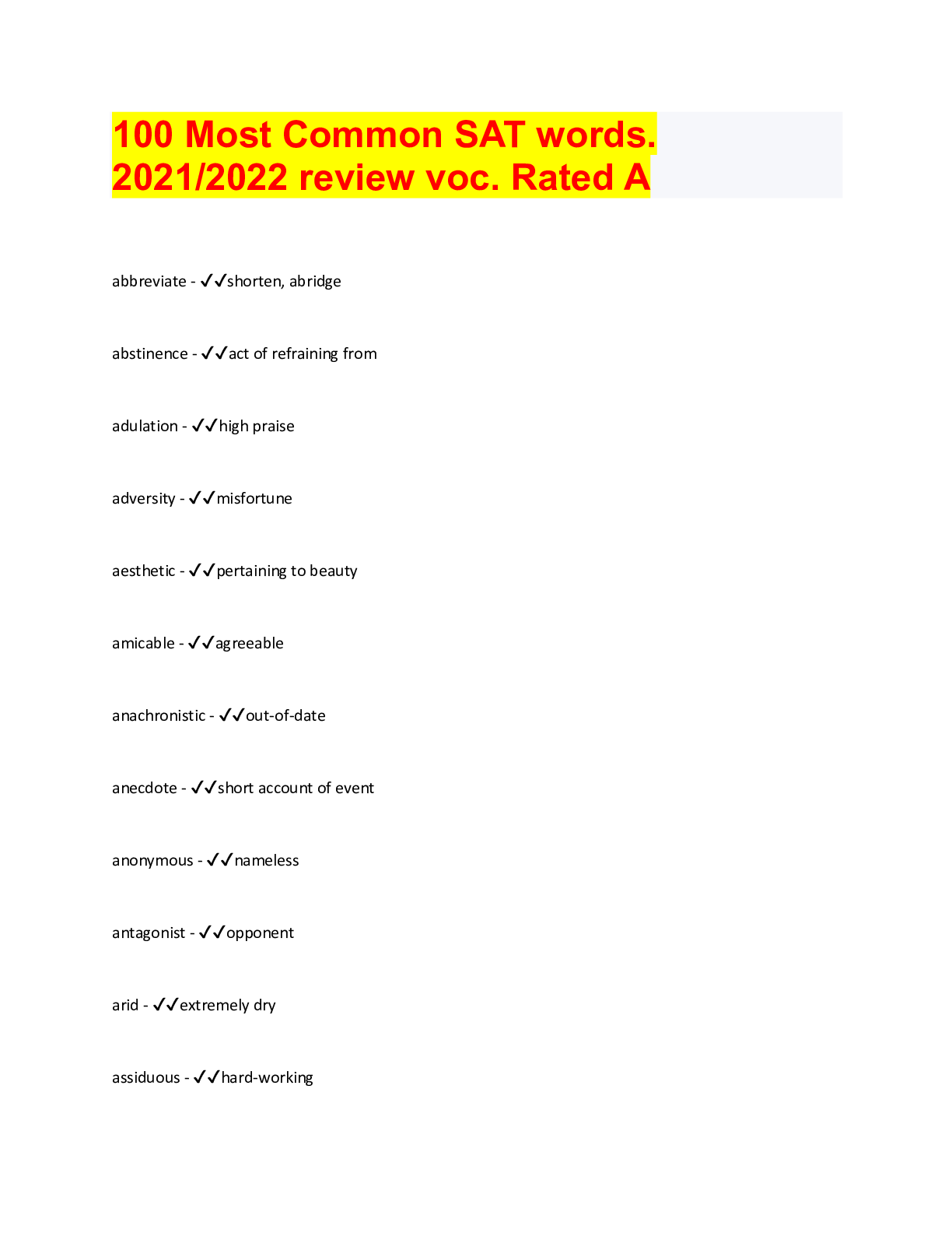 Preview image for 100 Most Common SAT words. 2021/2022 review voc. Rated A